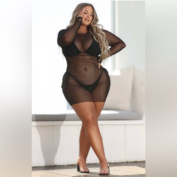 Black Triangle Top Self Tie Bottom Bikini Long Sleeve Mesh Coverup 3 Piece Set - Picture 5 of 11